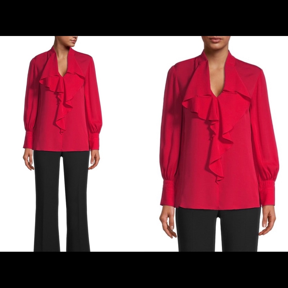 Ungaro Ruby Red Eliane Silk Ruffle Blouse Size L